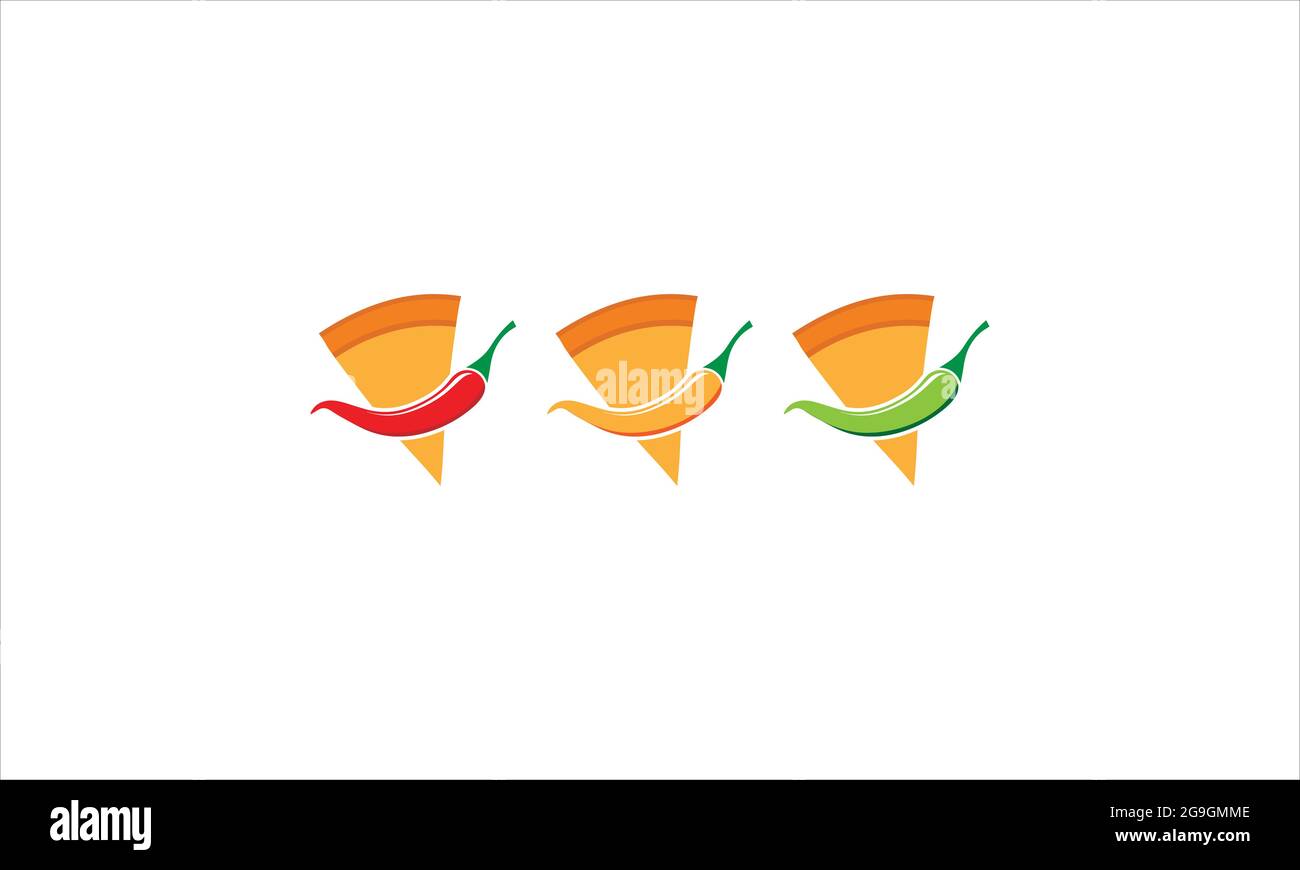 Trois tranches de pizza mexicaine avec logo icône de piment rouge jaune vert Illustration de Vecteur
