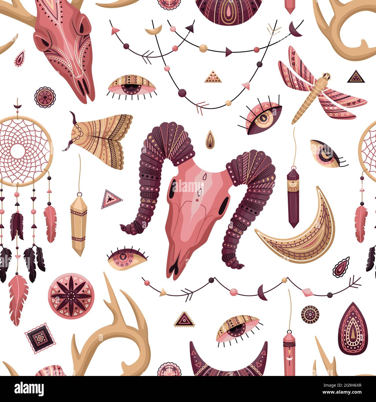 Motif vectoriel sans couture avec illustrations boho. Arrière-plan bohémien dans un style plat. Illustration de Vecteur