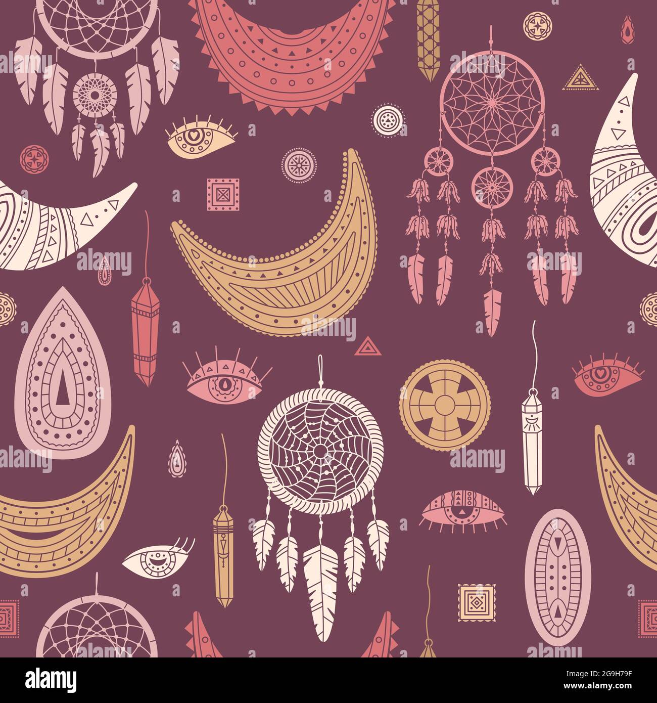 Motif vectoriel sans couture avec illustrations boho. Arrière-plan bohémien dans le style simple. Illustration de Vecteur