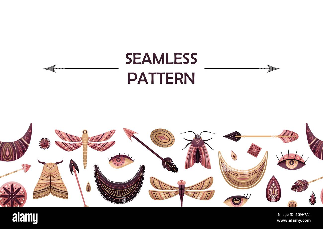 Motif vectoriel horizontal sans couture avec éléments boho. Illustration de Vecteur
