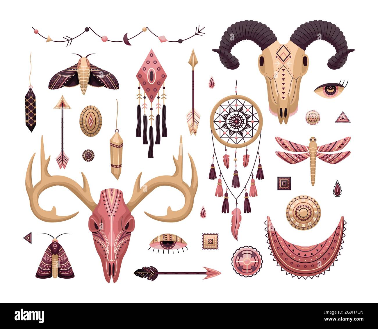 Ensemble vectoriel d'illustrations de boho. Style plat. Dreamcathers, crâne animal, plumes et flèches Illustration de Vecteur