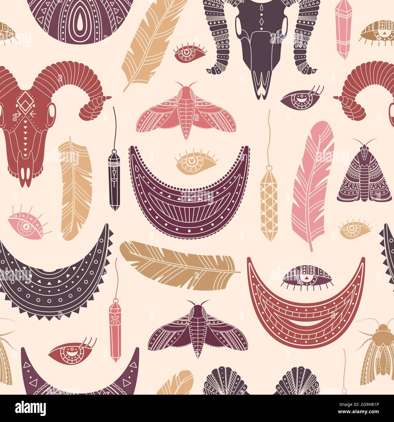 Motif vectoriel sans couture avec illustrations boho. Arrière-plan bohémien dans le style simple. Illustration de Vecteur