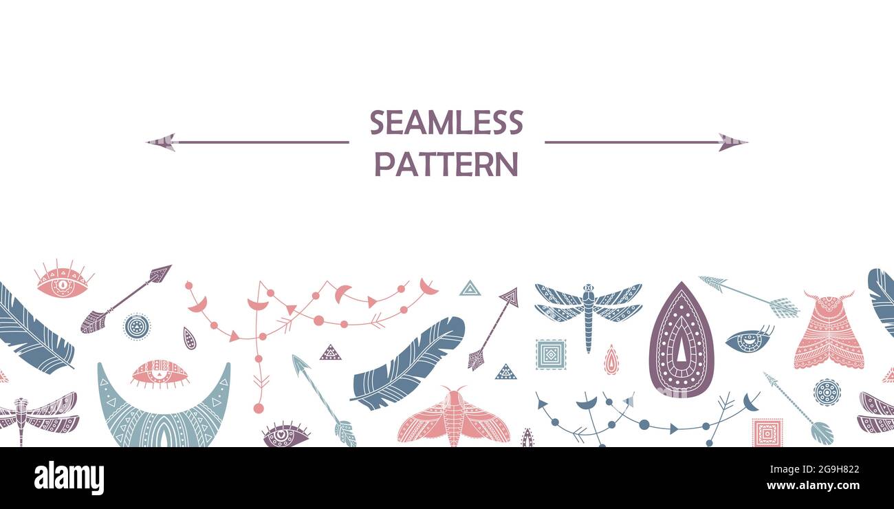 Motif vectoriel horizontal sans couture avec éléments boho. Illustration de Vecteur