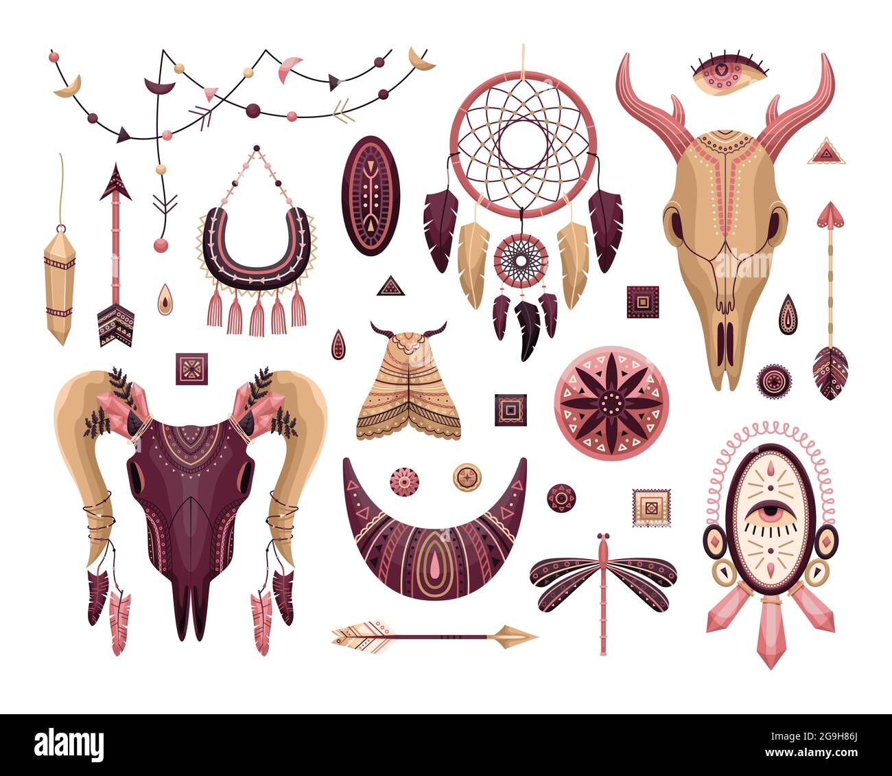 Ensemble vectoriel d'illustrations de boho. Style plat. Dreamcathers, crâne animal, plumes et flèches Illustration de Vecteur