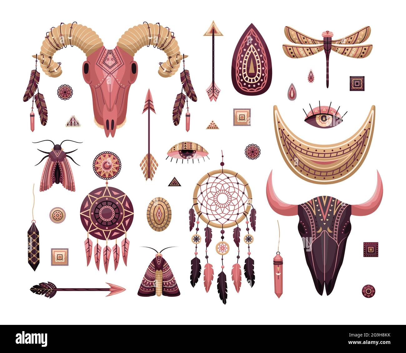 Ensemble vectoriel d'illustrations de boho. Style plat. Dreamcathers, crâne animal, plumes et flèches Illustration de Vecteur