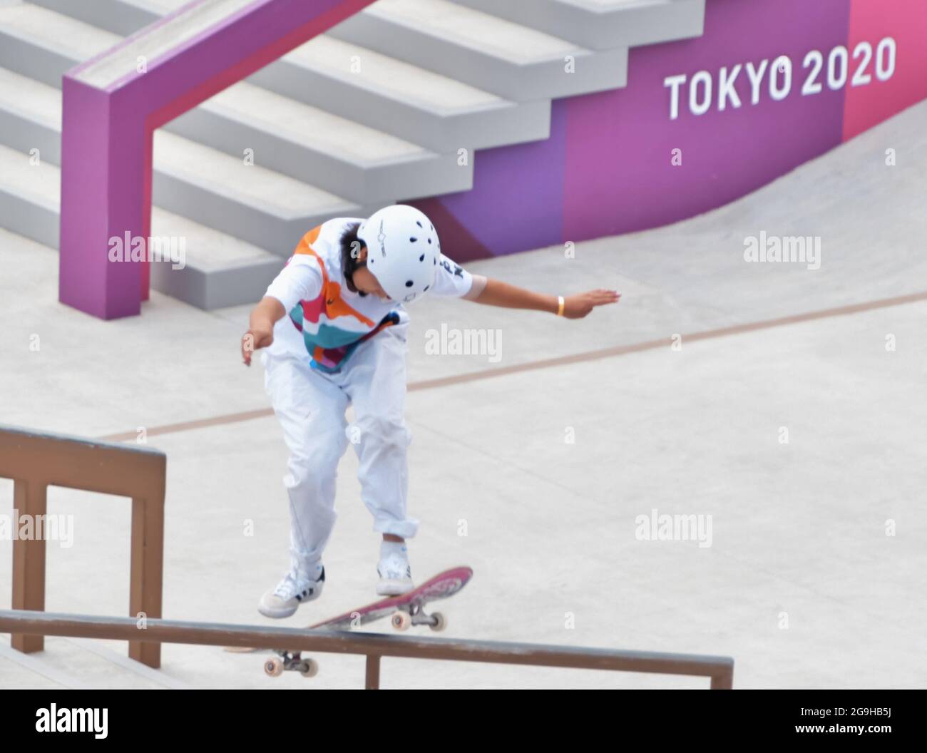 Tokyo, Japon. 26 juillet 2021. Le Japon Momiji Nishiya se produit en finale lors des Jeux Olympiques de Tokyo Skateboarding Women's Street au Ariake Sports Park à Tokyo, Japon, le lundi 26 juillet 2021. Photo de Keizo Mori/UPI. Crédit : UPI/Alay Live News Banque D'Images