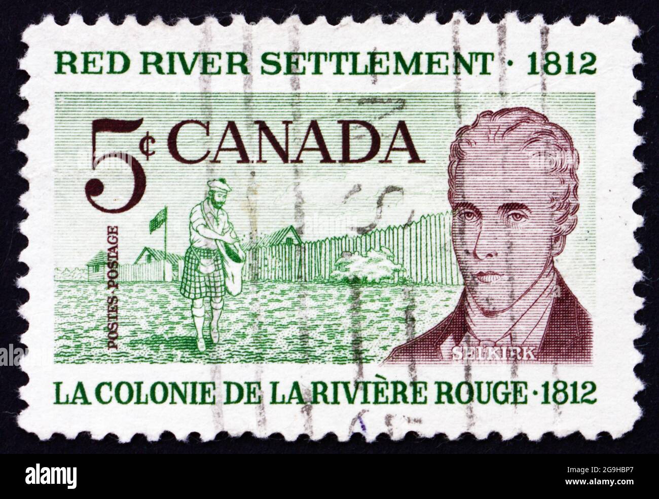 CANADA - VERS 1962 : un timbre imprimé au Canada montre Scottish Settler et Lord Selkirk, 150e anniversaire de la colonie de la rivière Rouge dans l'Ouest du Canada Banque D'Images