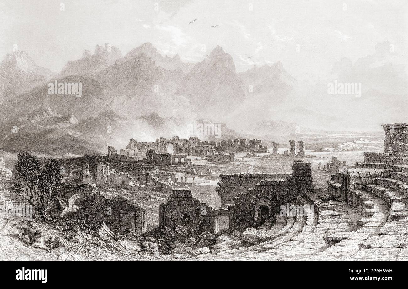 Hiérapolis vu du théâtre, dans la province de Denizli, Turquie moderne. Après une œuvre datée de 1838 par l'artiste Thomas Allom. La ville a été fondée dans l'ancienne Phrygia comme spa thermal à l'époque pré-chrétienne. Banque D'Images