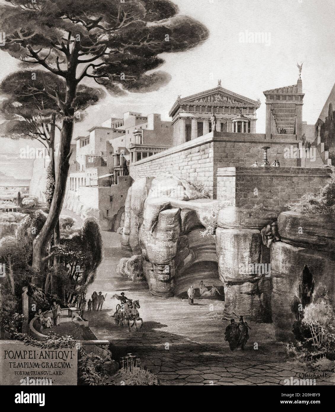 Pompéi, Italie. Une reconstruction du XIXe siècle de la manière dont le côté sud de Pompéi, avec le temple grec sur le Forum triangulaire peut avoir regardé. Après une œuvre du XIXe siècle de l'artiste Carl Weichardt. Banque D'Images