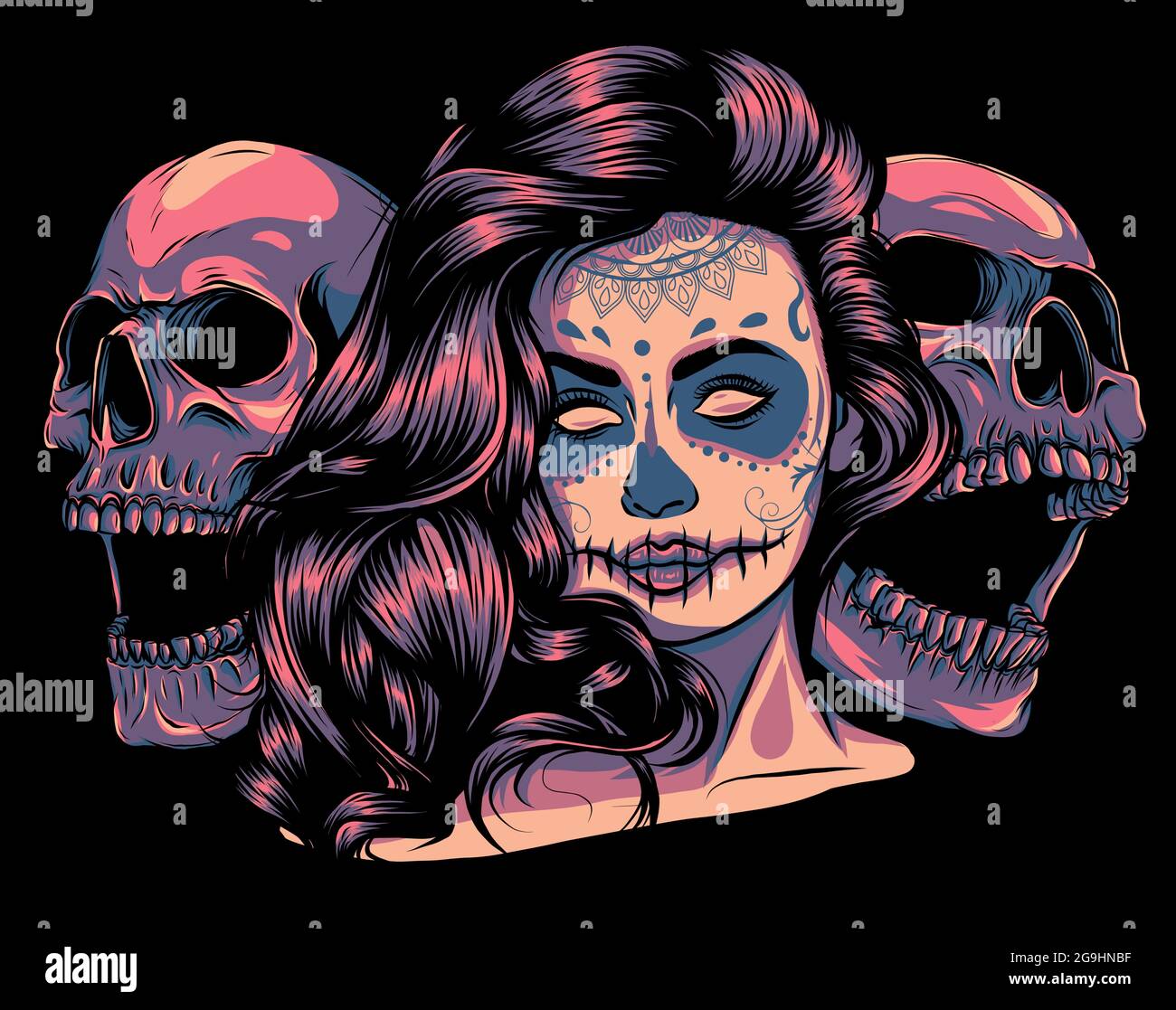 Fille morte avec deux crânes de sucre. Vecteur Illustration de Vecteur