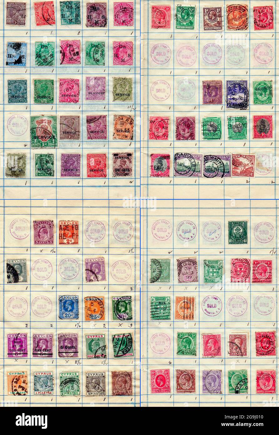 Une collection de vieux timbres de différentes parties de l'Empire britannique philatélie est l'étude des timbres-poste et de l'histoire postale. Banque D'Images