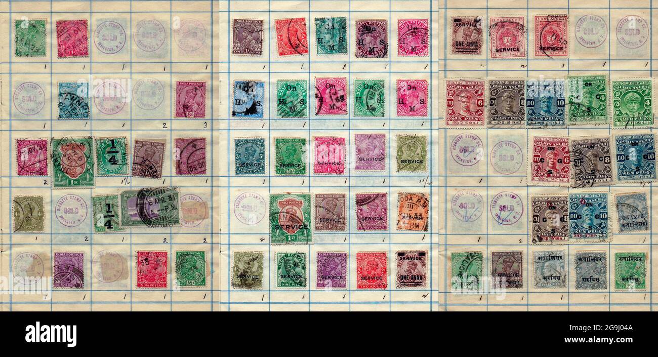 Une collection de vieux timbres-poste et de recettes de l'Inde Anchal poste a été le début du service postal a commencé dans le royaume de Travancore et Cochin avant l'indépendance de l'Inde Philately est l'étude des timbres-poste et l'histoire postale. Banque D'Images