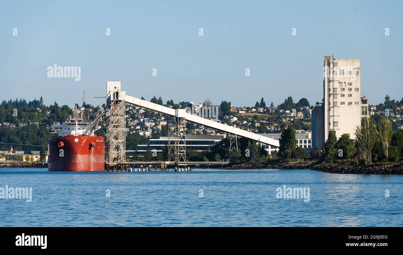 Seattle - le 25 juillet 2021 ; le vraquier Darya Shanti le long du terminal de grain à l'embarcadère 86 sur le front de mer de Seattle. Banque D'Images