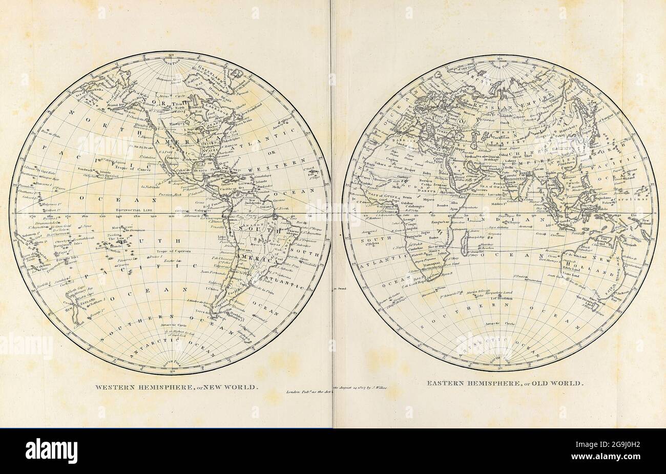 Gravure de Copperplate de l'hémisphère occidental et oriental de l'Encyclopedia Londinensis or, Dictionnaire universel des arts, des sciences et de la littérature; Volume VIII; édité par Wilkes, Jean. Publié à Londres en 1810. Banque D'Images