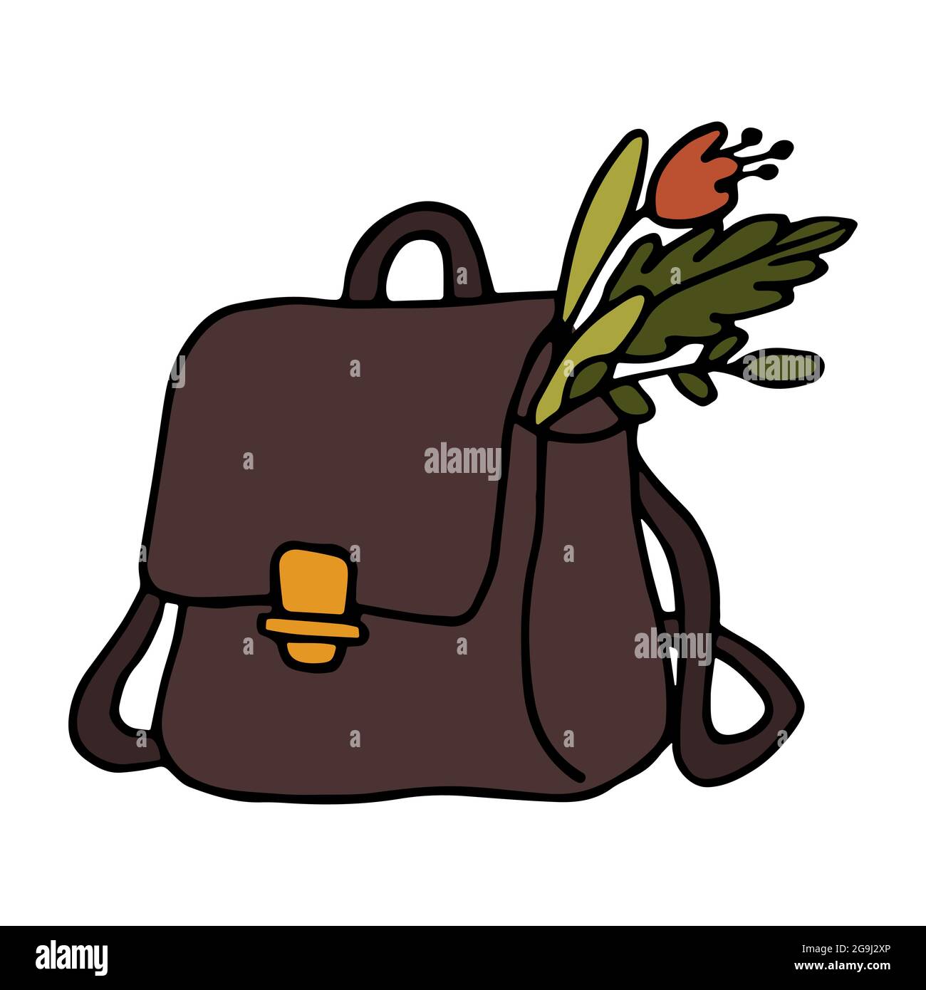 Porte-documents avec herbes en forme de caniche. Illustration vectorielle de couleur d'un sac d'école avec des fleurs. Icône de valise dessinée à la main. Joli sac de sorcière. Illustration de Vecteur