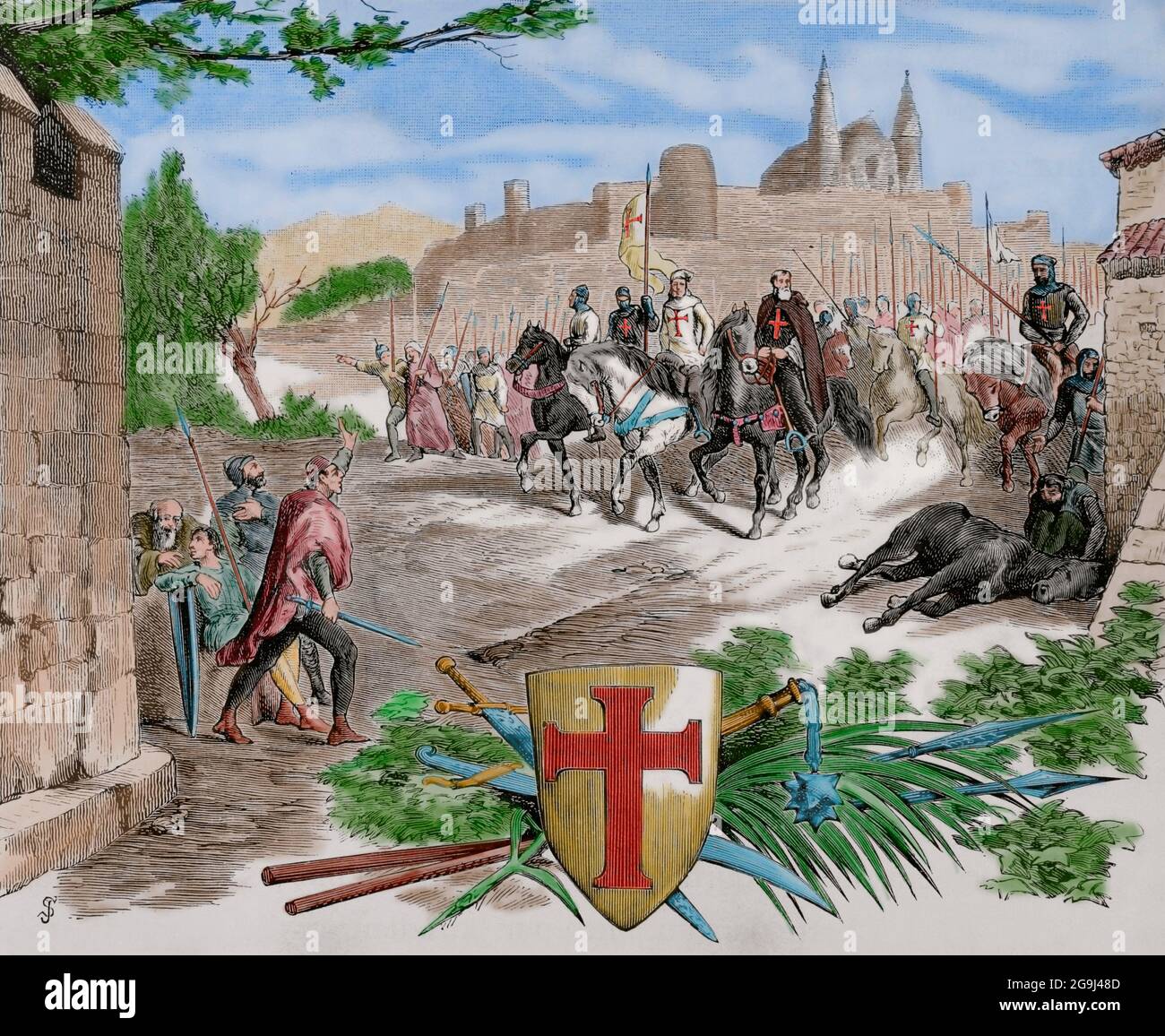 Moyen âge. Guerres religieuses entre l'Occident et l'Orient menées par le Pape, menées par l'Europe chrétienne latine contre les musulmans, les slaves païens, les juifs, entre autres. Des soldats chrétiens contre les infidèles. Gravure. Coloration ultérieure. La Civilizacion (la civilisation), volume III, 1882. Banque D'Images