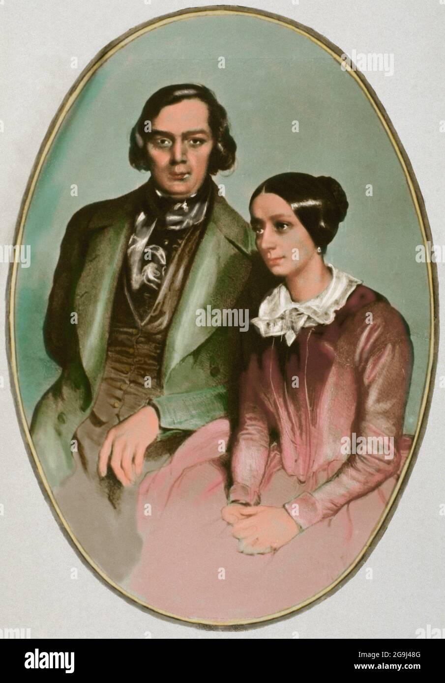 Robert Schumann (1810-1856). Compositeur et pianiste allemand. Clara Schumann (1819-1896). Pianiste allemand, épouse de Robert Shumann. Portrait de Robert et Clara Schumann. 1847. Coloration ultérieure. Banque D'Images