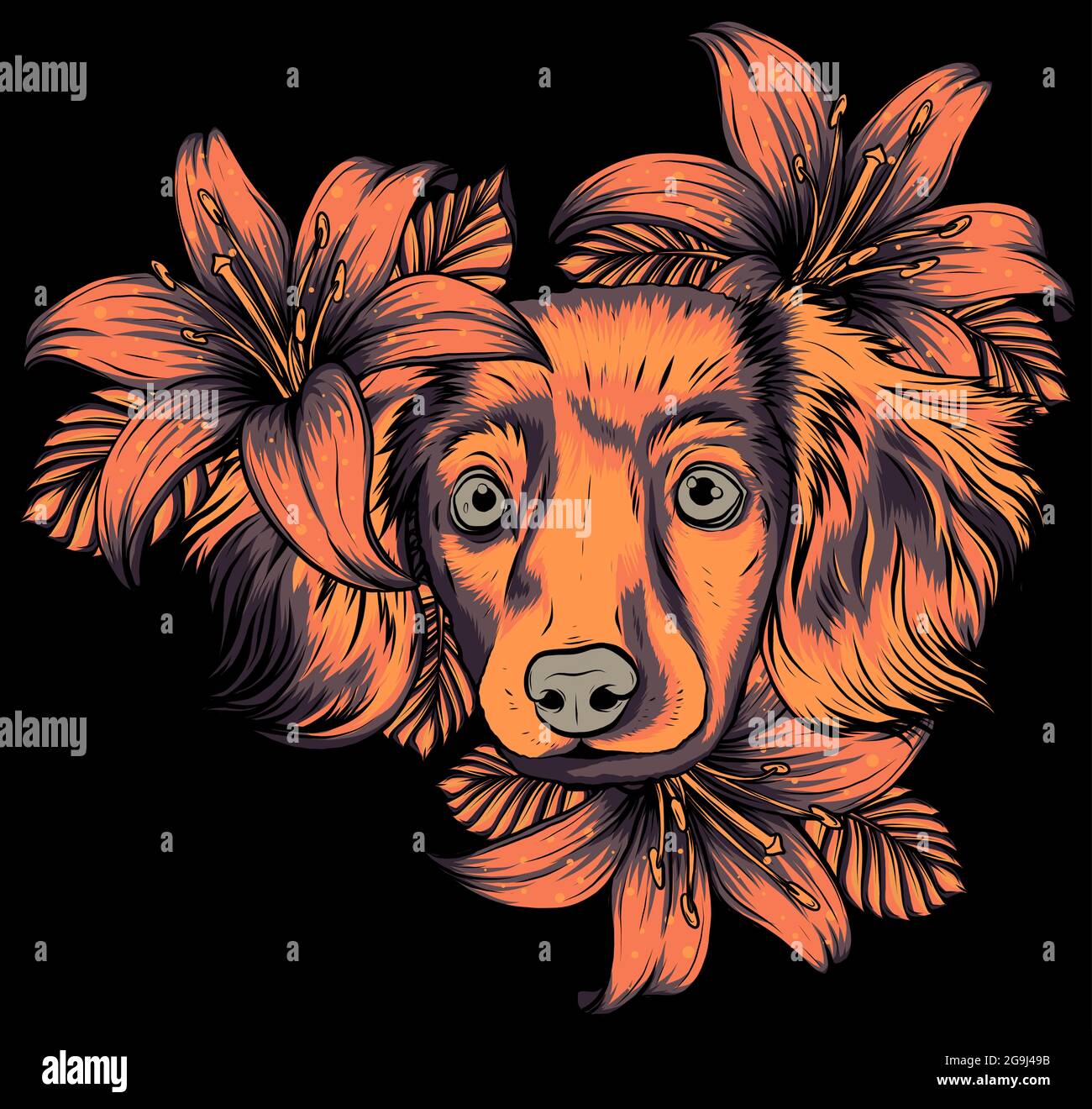 Portrait d'un chien d'Espagne dans une couronne à tête de fleur. Illustration vectorielle. Illustration de Vecteur