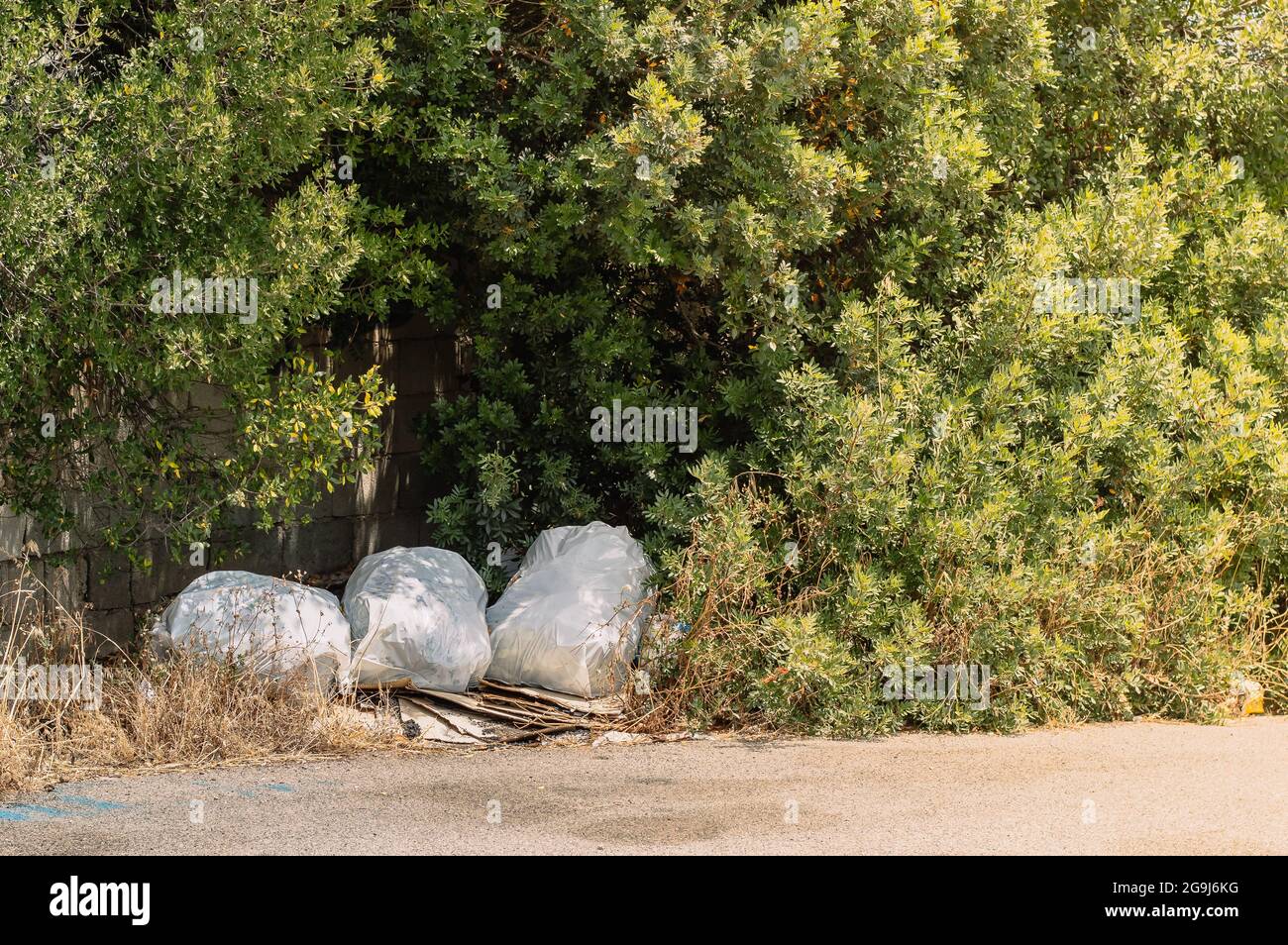 Sacs de plastique abandonnés de déchets sur la route.problème de pollution environnementale Banque D'Images