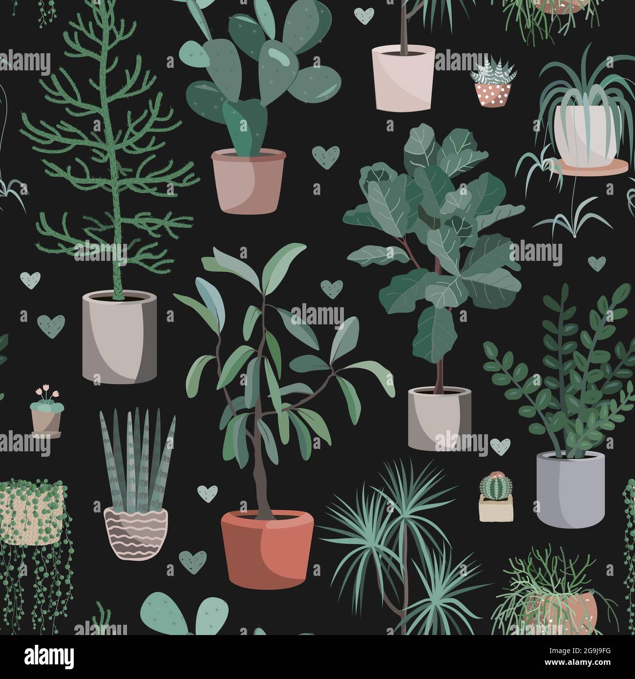 Mignons plantes d'intérieur sur fond sombre. Maison à l'intérieur de la bande dessinée vecteur plante motif sans couture. Fleurs en pot Illustration de Vecteur