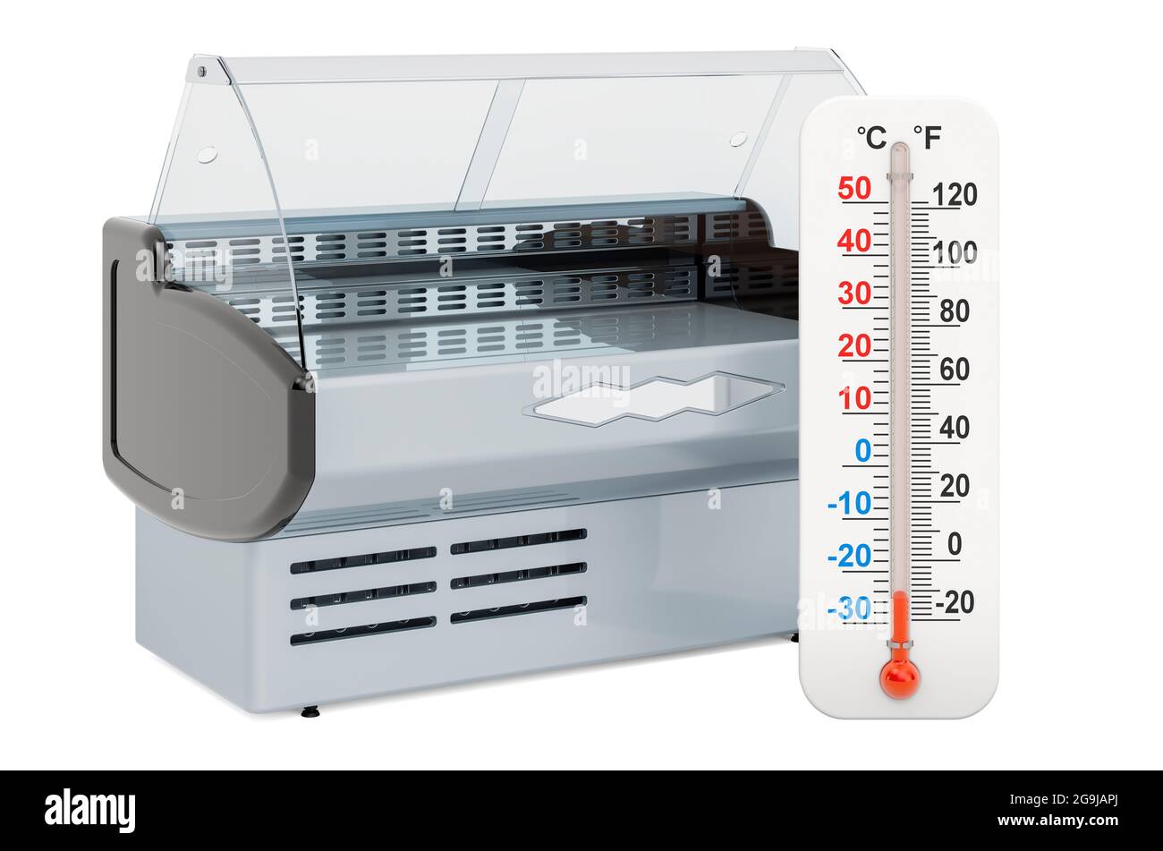Boîtier d'affichage réfrigéré avec thermomètre, rendu 3D isolé sur fond blanc Banque D'Images