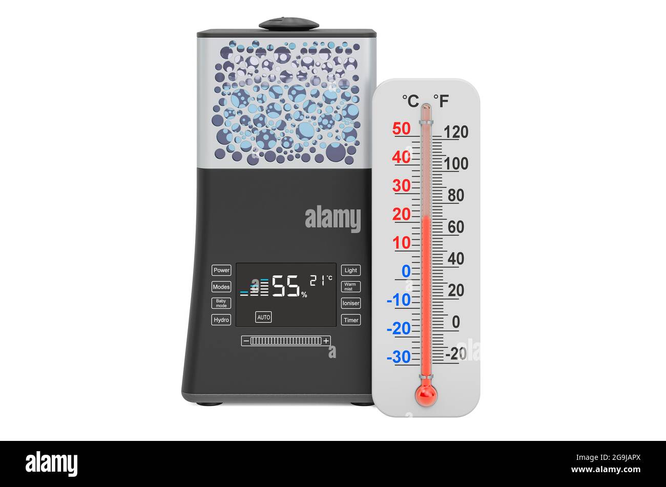 Humidificateur ultrasonique avec thermomètre, rendu 3D isolé sur fond blanc Banque D'Images