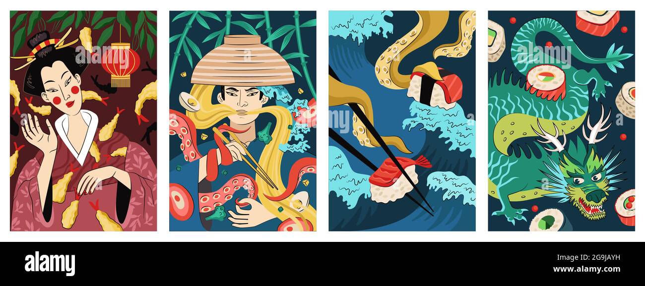 Affiche de cuisine japonaise tempura frites crevettes.Japan cuisine bannière ramen national plat de nouilles.Brochure publicitaire pour le bar oriental sushis, sashimi et petits pains.Menu de fruits de mer asiatiques, ensemble d'écriteaux vectoriels Illustration de Vecteur