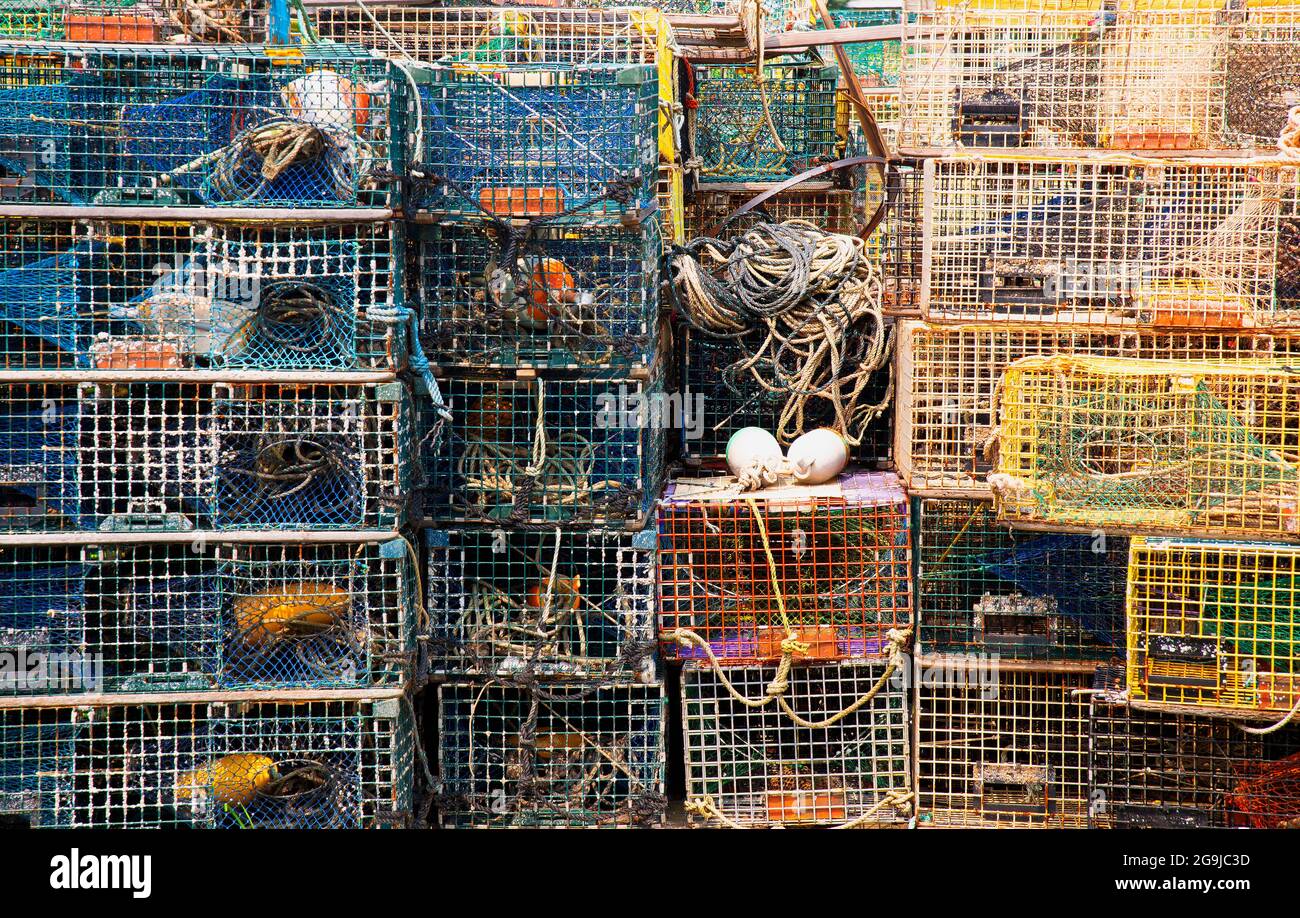 Des pièges à homard en fil métallique se sont accumulés à Port Clyde, Maine, États-Unis Banque D'Images