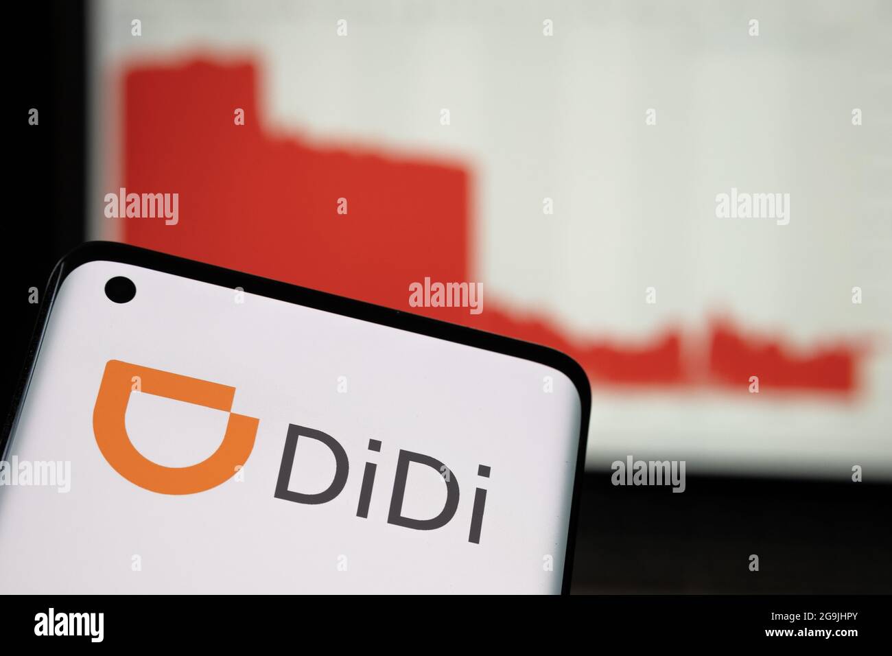 Le logo de la société Didi Chuxing Technology a été vu sur le smartphone et l'effondrement du cours des actions (5 derniers jours) sur fond flou. Concept. Stafford, Kin Banque D'Images