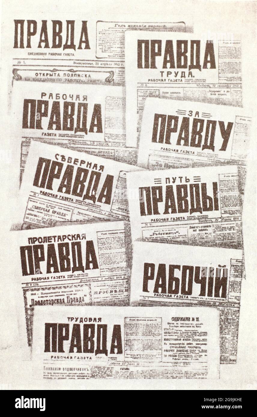 Les titres du journal "Pravda" qui a été publié sous différents noms en raison de la persécution de la censure. Banque D'Images
