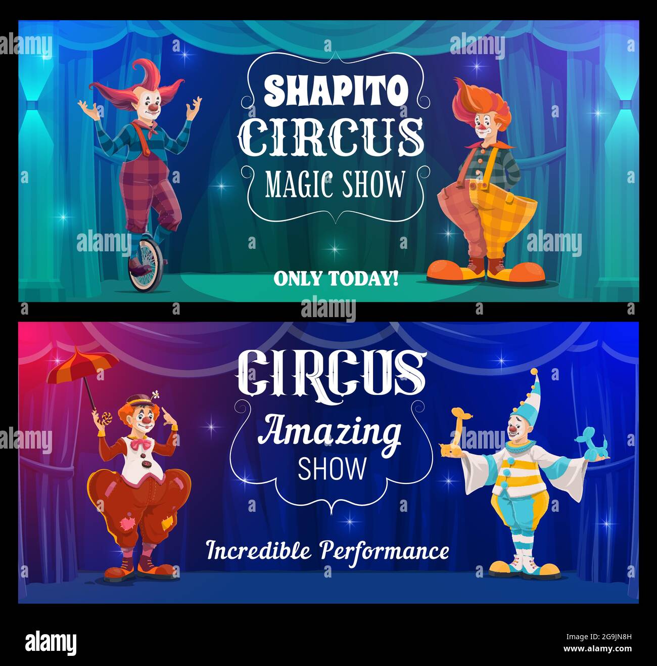 Spectacle de cirque de Shapito, bannières vectorielles de clowns de dessins animés. Des artistes amusants sur une grande arène. Carnaval funkers et jesters en costumes lumineux, periwigs, mak Illustration de Vecteur