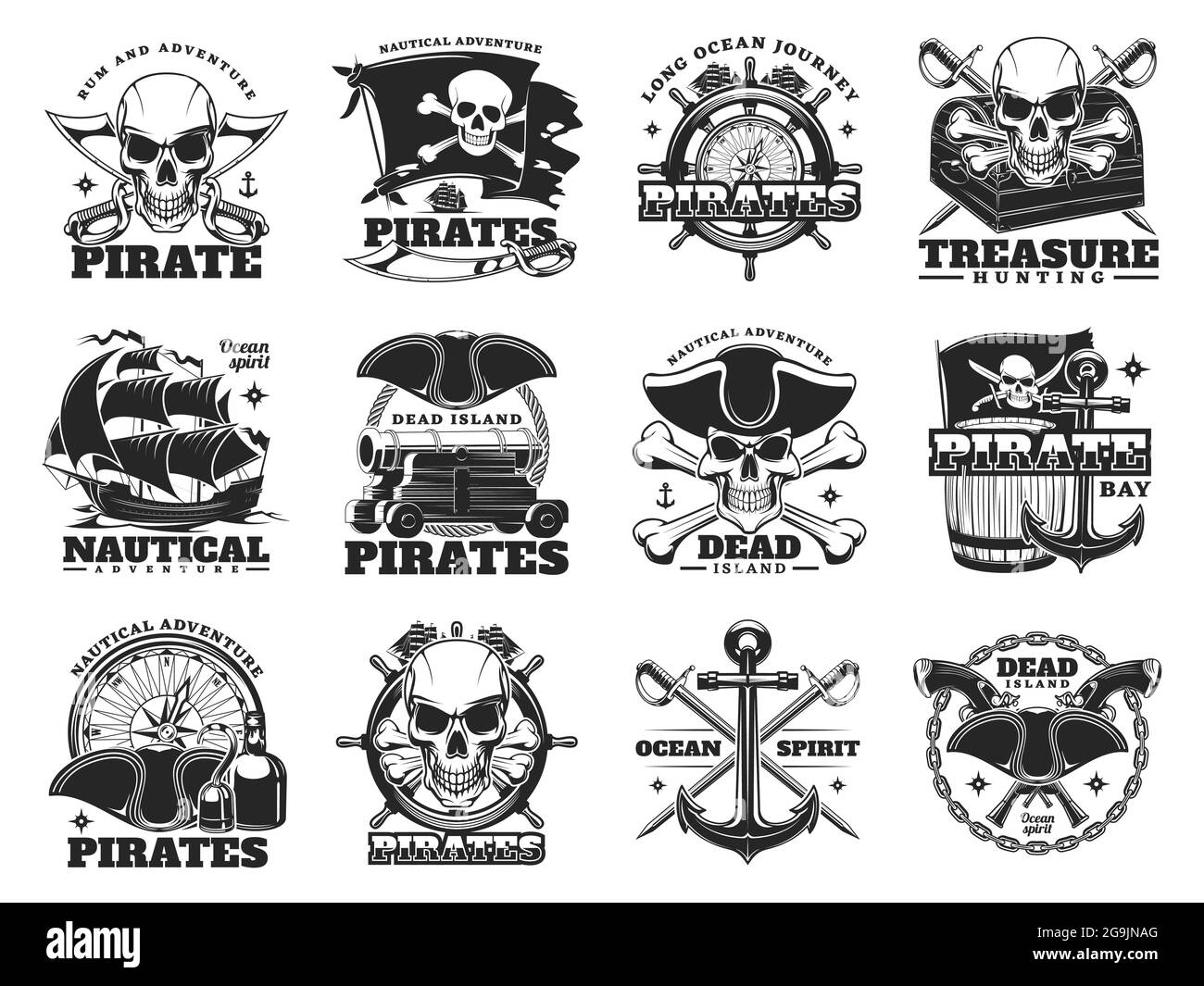 Icônes de chasse au Trésor et de pirate de l'île du crâne et des navires de mer, vecteur. Trésors de pirate aventure signes du drapeau de Roger Merry avec crossos de crâne, t Illustration de Vecteur