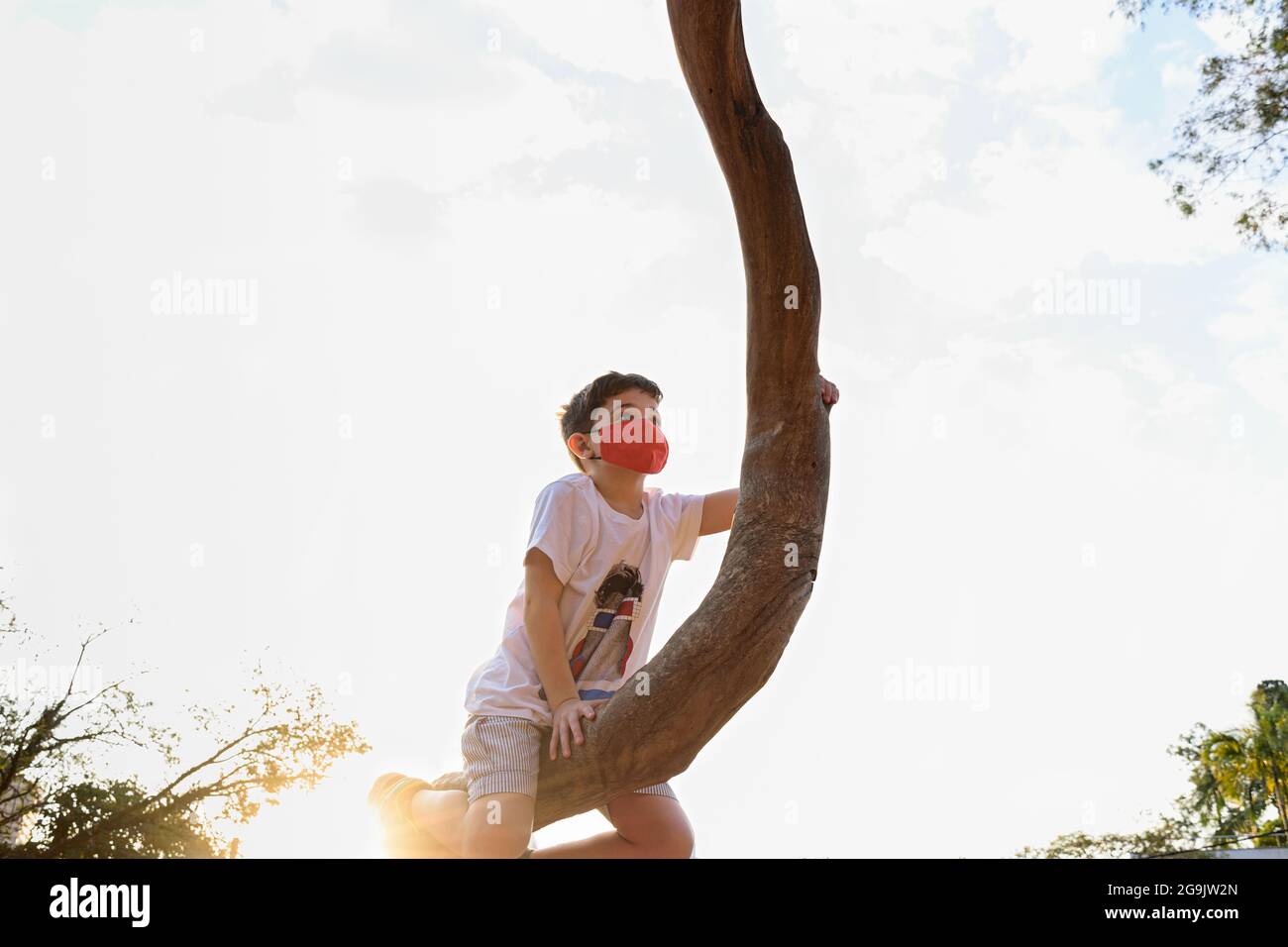 enfant de 8 ans, avec masque, grimpant sur un tronc d'arbre au coucher du soleil. Banque D'Images