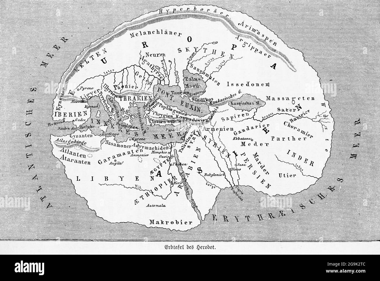 La Terre selon Herodotus, entourée de mers, carte historique du monde, illustration de 1881 Banque D'Images