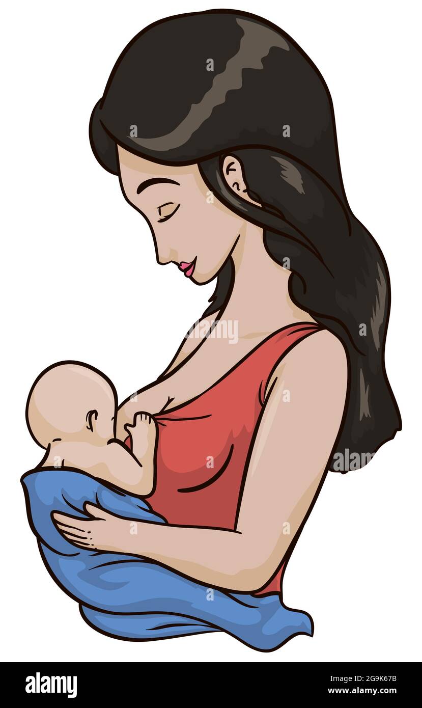 Maman Brune Tendre Avec De Longs Cheveux De Style Dessin Anime Allaitant Son Bebe Avec Amour Et Soin Image Vectorielle Stock Alamy