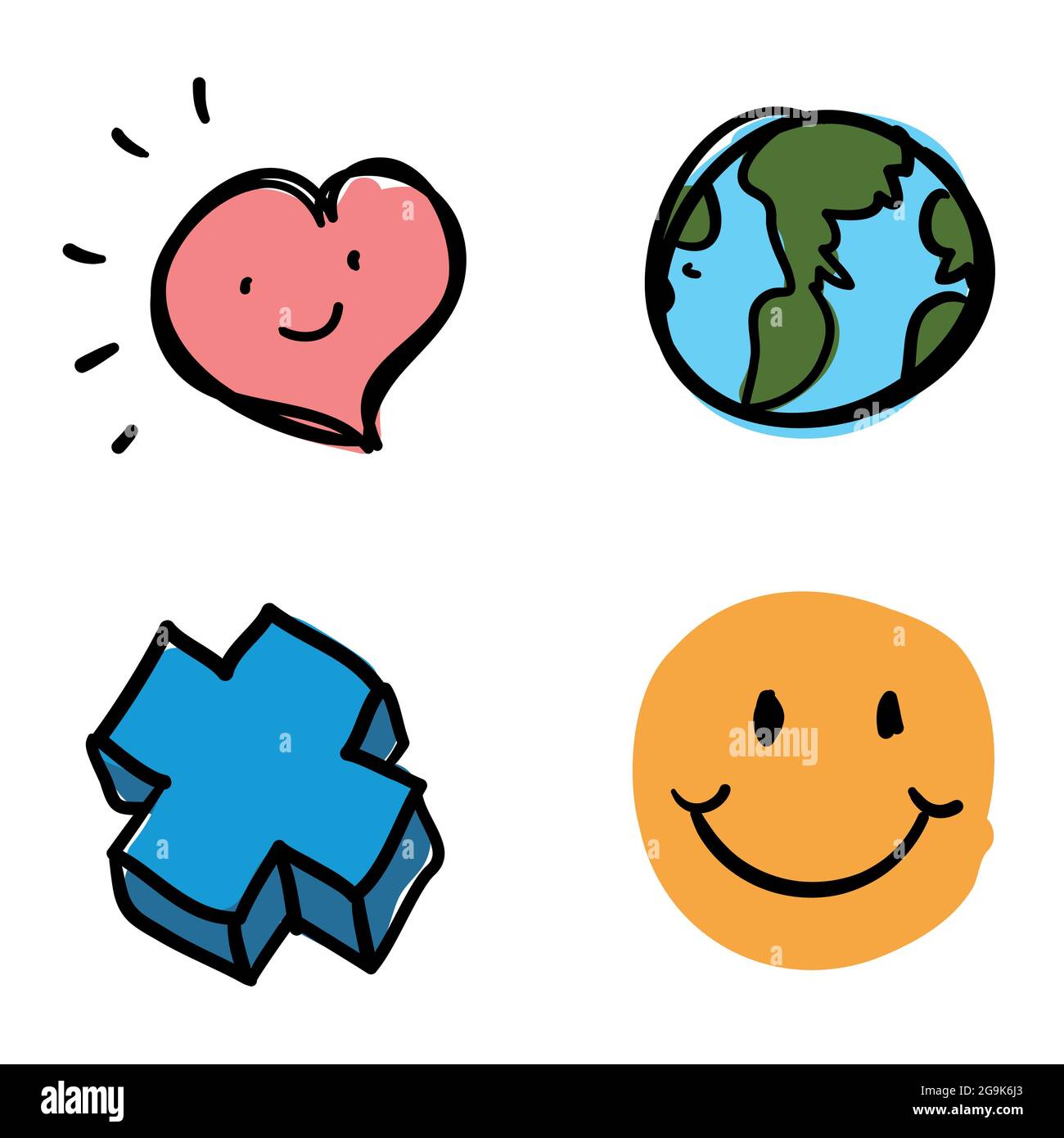 Dessins colorés et mignons : visage souriant, coeur rose heureux, croix et planète Terre. Illustration de Vecteur