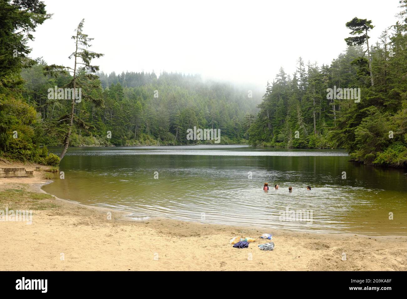 Un groupe d'enfants nagent au lac Marie, dans le parc national d'Umpqua, en Oregon. Banque D'Images