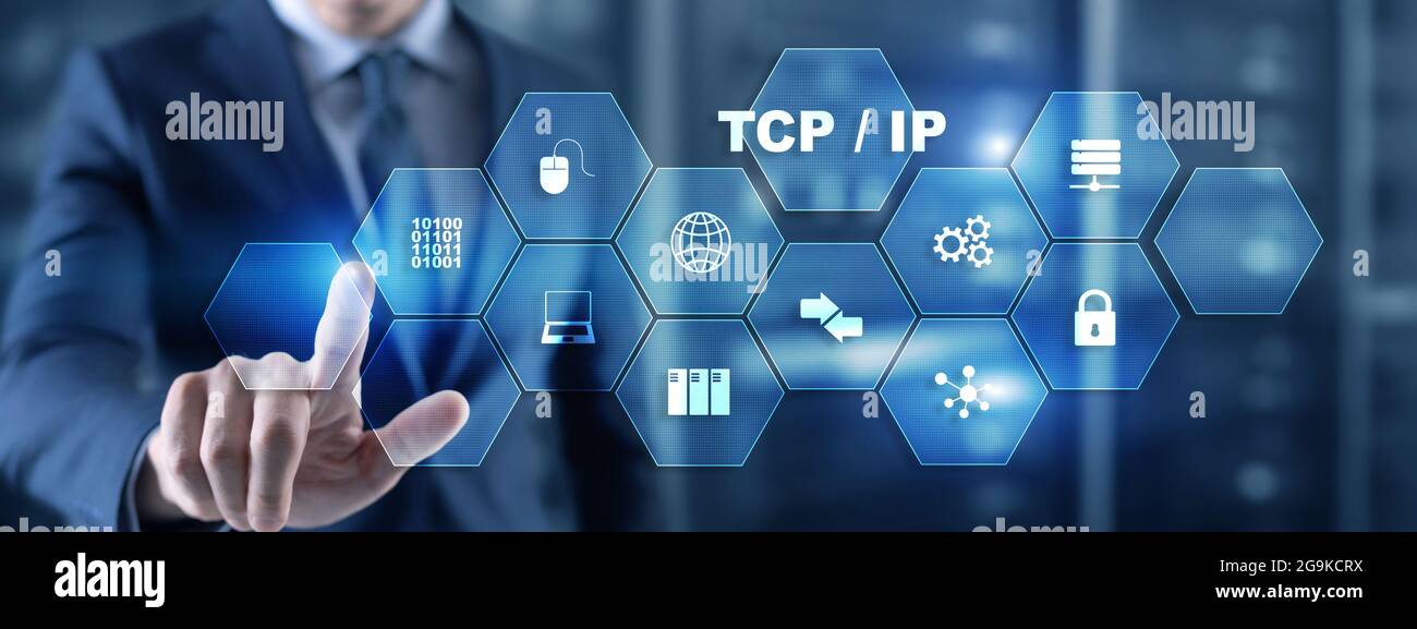 TCP IP. Modèle de transmission de données réseau sur un arrière-plan abstrait. Banque D'Images