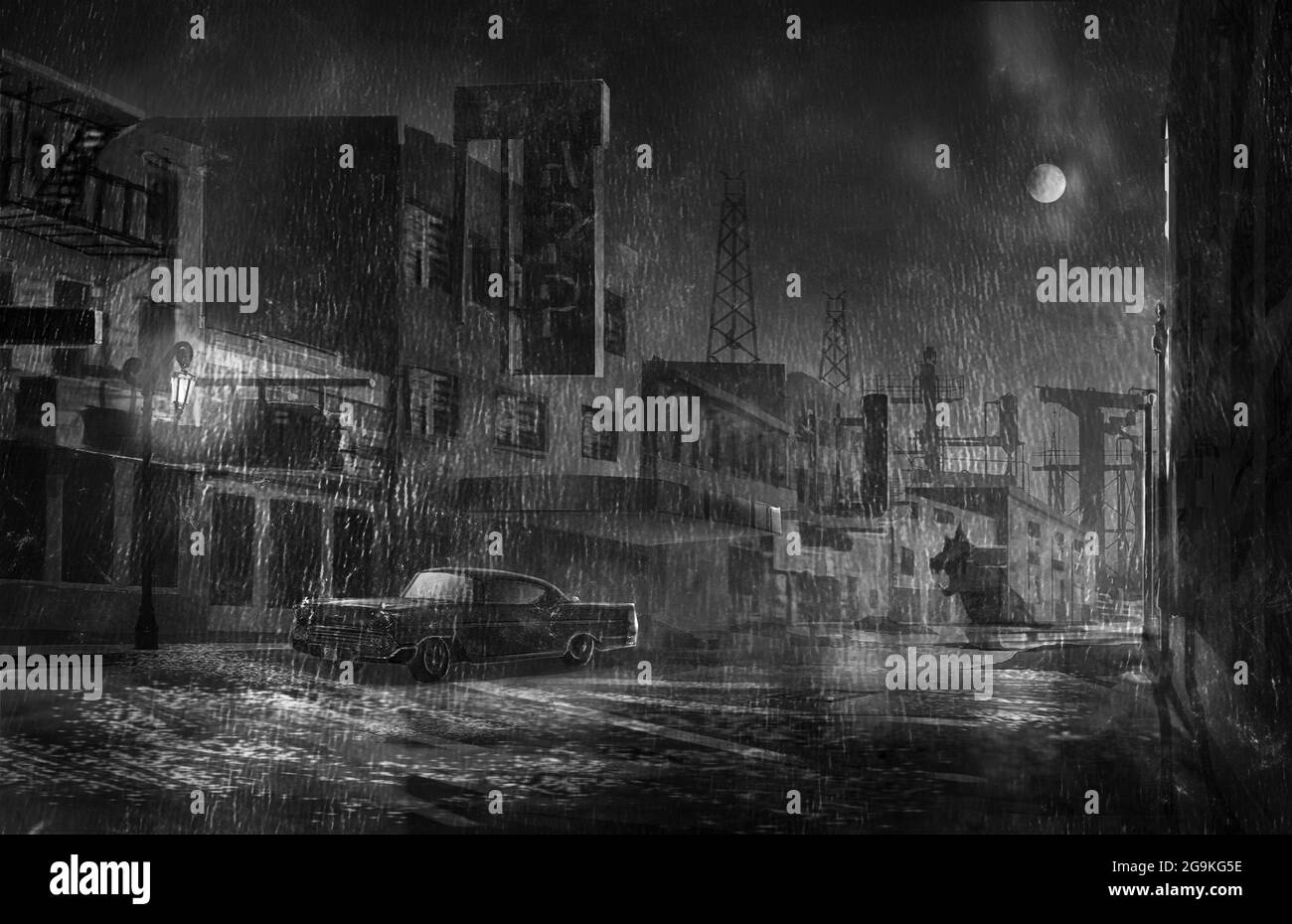 illustration numérique de la vue sur une allée de rue dans une nuit de pluie avec la lune d'automne Banque D'Images