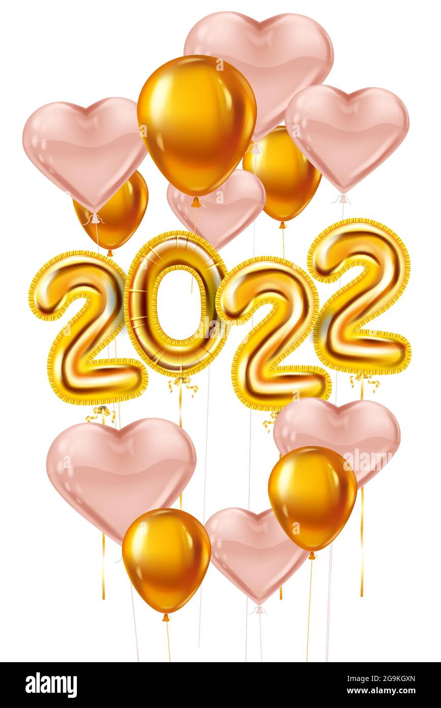 Ballons or du nouvel an 2022 heureux. Chiffres en feuilles d'or