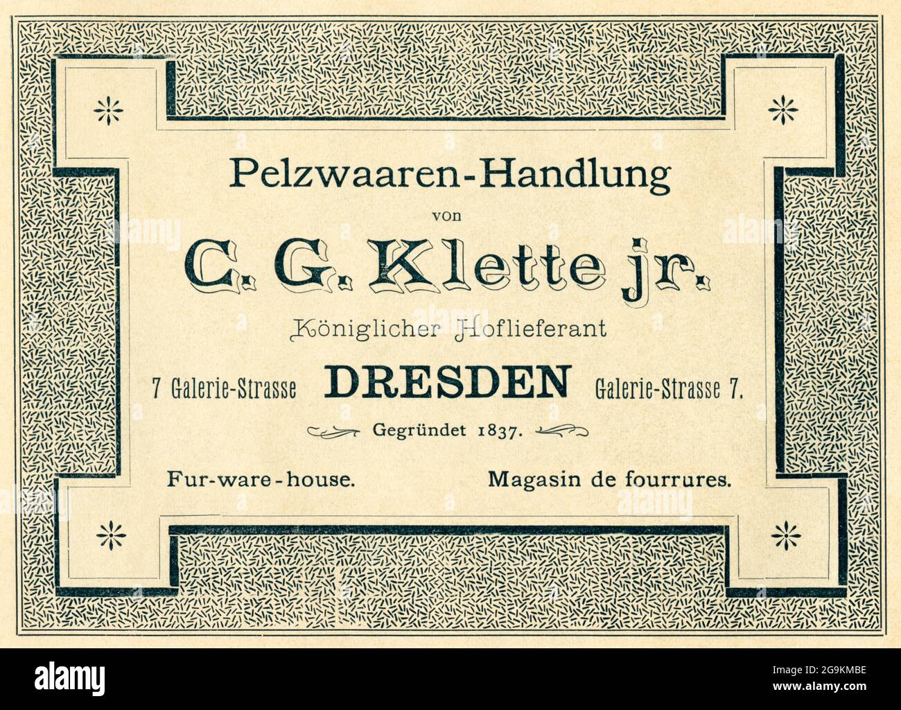 Europe, Allemagne, Saxe, Dresde, publicité pour le commerce de la fourrure C. G. Klette, DROITS-SUPPLÉMENTAIRES-AUTORISATION-INFO-NON-DISPONIBLE Banque D'Images