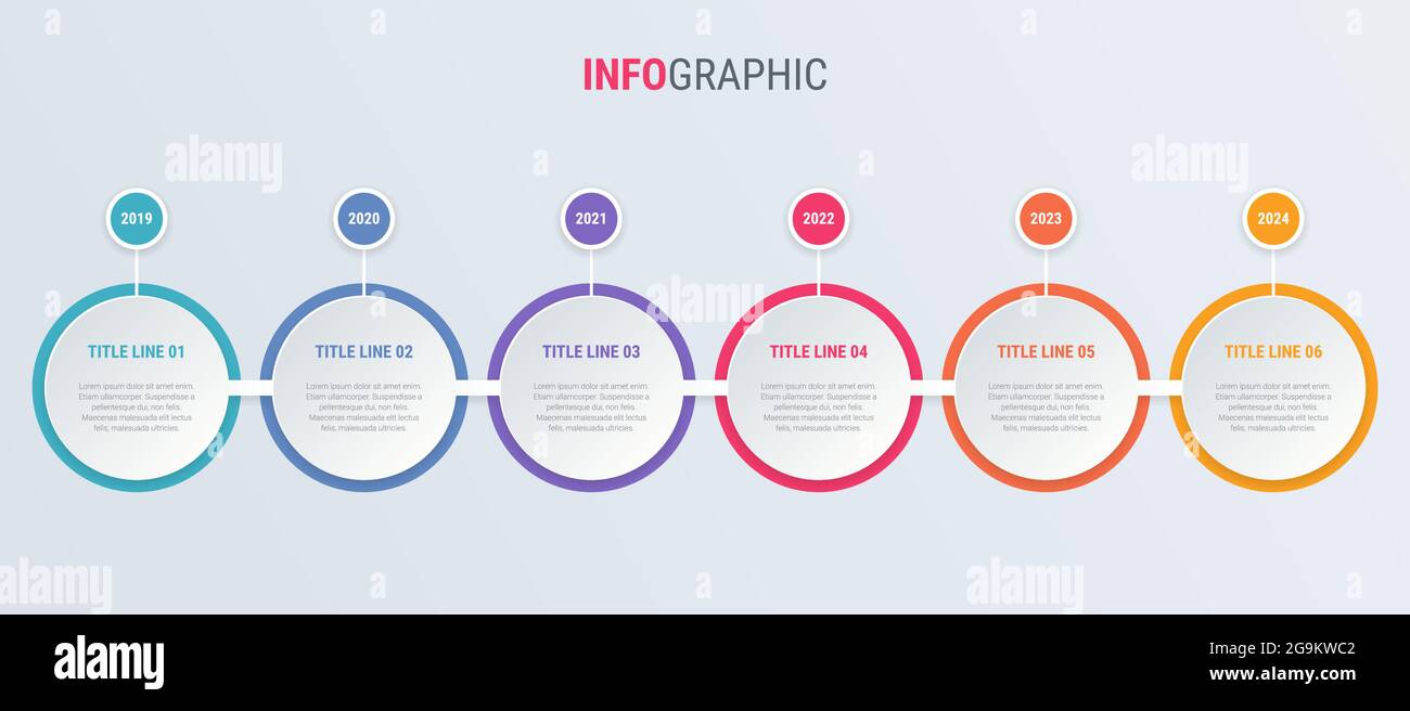 Schéma de couleurs, infographic template. Calendrier avec 6 étapes. Processus de flux de travail pour les affaires du cercle. La conception de scénario. Illustration de Vecteur