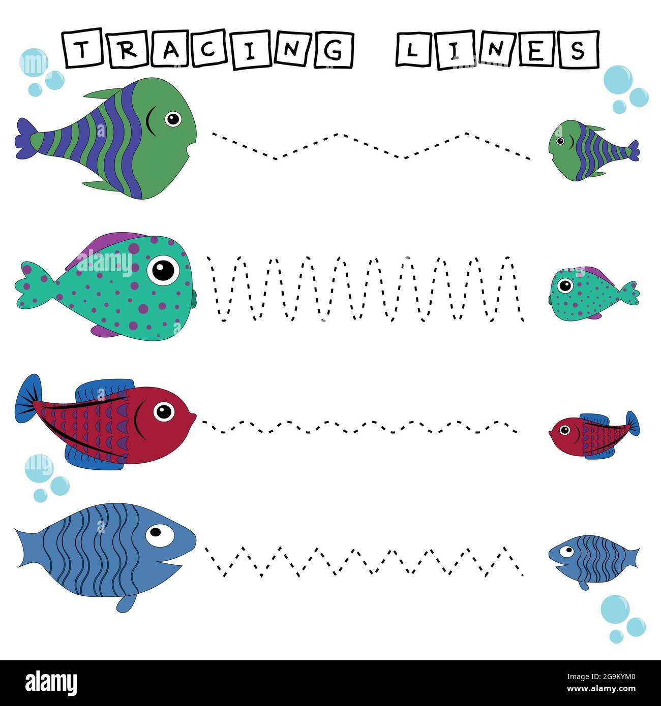 Jeu de lignes de traçage avec poissons drôles. Feuille de travail pour enfants d'âge préscolaire, feuille d'activité pour enfants, feuille de travail imprimable Illustration de Vecteur