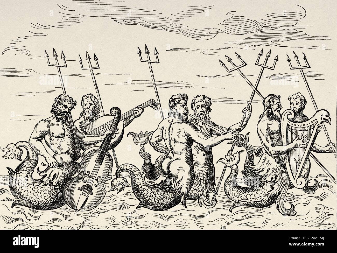 L'Orchestre des Tritons. Tritons jouant le viol, le luth, la trompette, la harpe du Ballet comique de la Royne par Balthazar de Beaujoeulx 1582. Ancienne illustration gravée du XIXe siècle d'El Mundo Ilustrado 1879 Banque D'Images