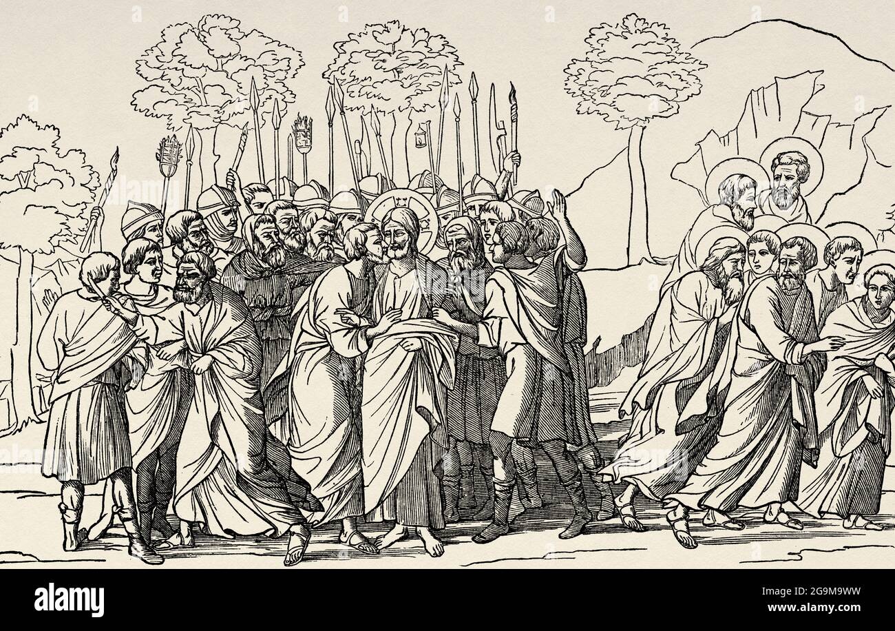 L'arrestation de Christ. Judas donnant à Jésus un baiser dans le jardin de Gethsemene. Ancienne illustration gravée du XIXe siècle de Jésus-Christ par Veuillot 1881 Banque D'Images