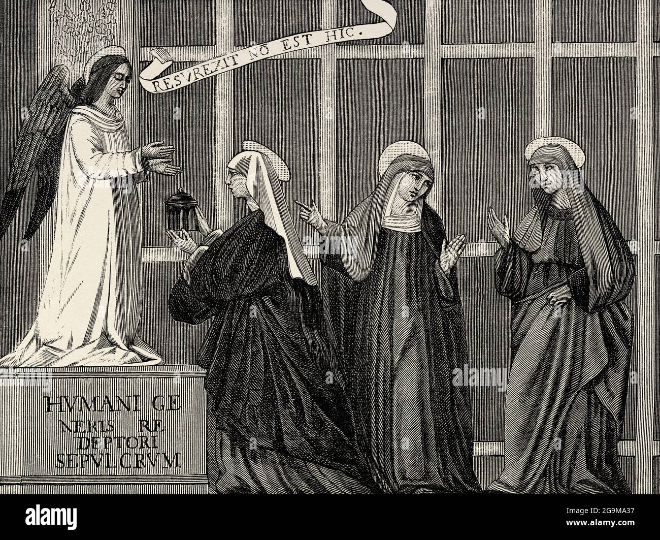 Femmes à la tombe de Jésus. Un ange annonce la résurrection de notre Seigneur Jésus, fils de Dieu, aux femmes saintes. Mark Book, Nouveau Testament. Ancienne illustration gravée du XIXe siècle de Jésus-Christ par Veuillot 1881 Banque D'Images