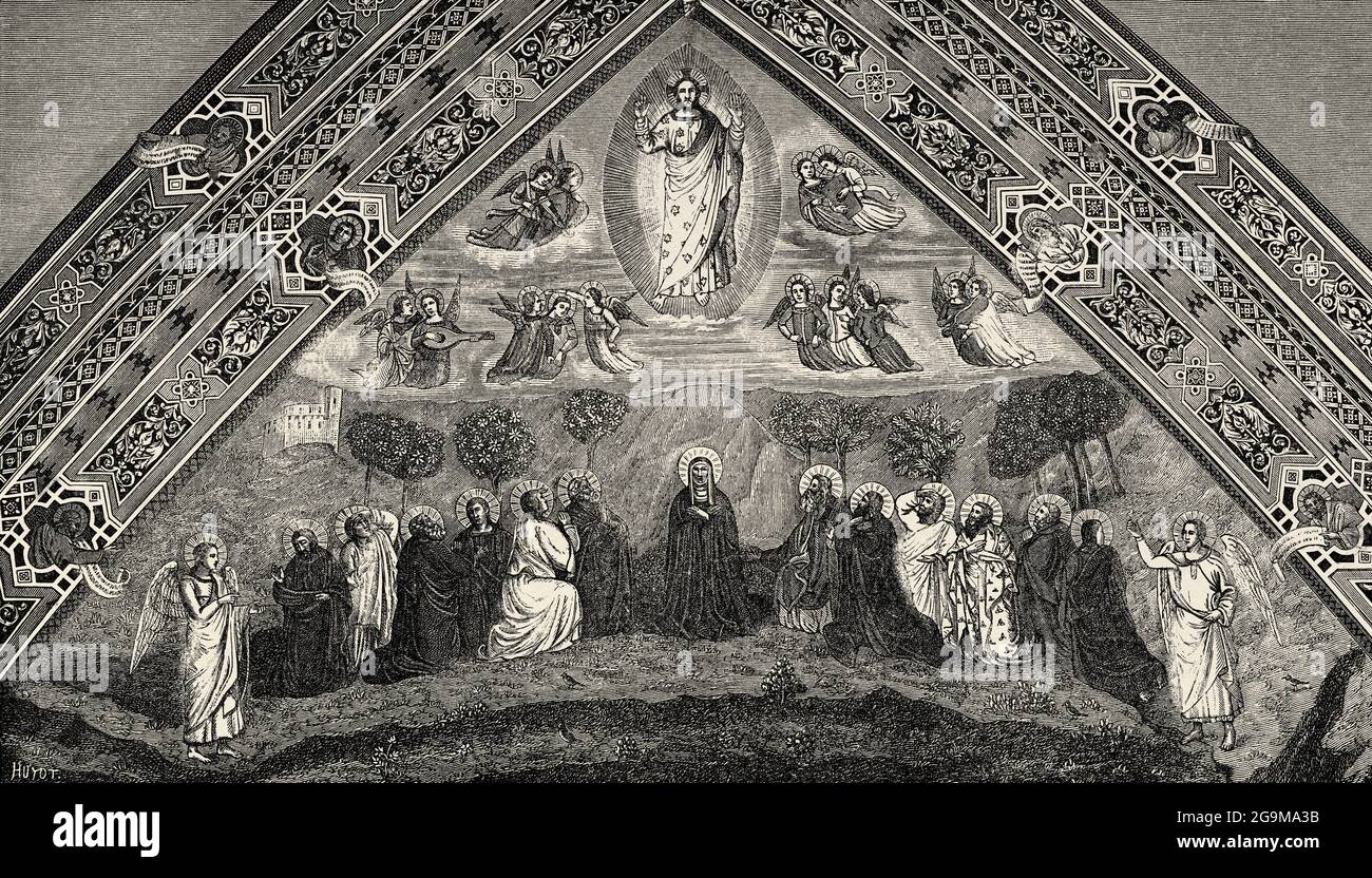 L'ascension du Christ. Notre Seigneur Jésus, fils de Dieu, monte dans les cieux devant les apôtres. Luke livre, Nouveau Testament Histoire biblique sacrée. Ancienne illustration gravée du XIXe siècle de Jésus-Christ par Veuillot 1881 Banque D'Images