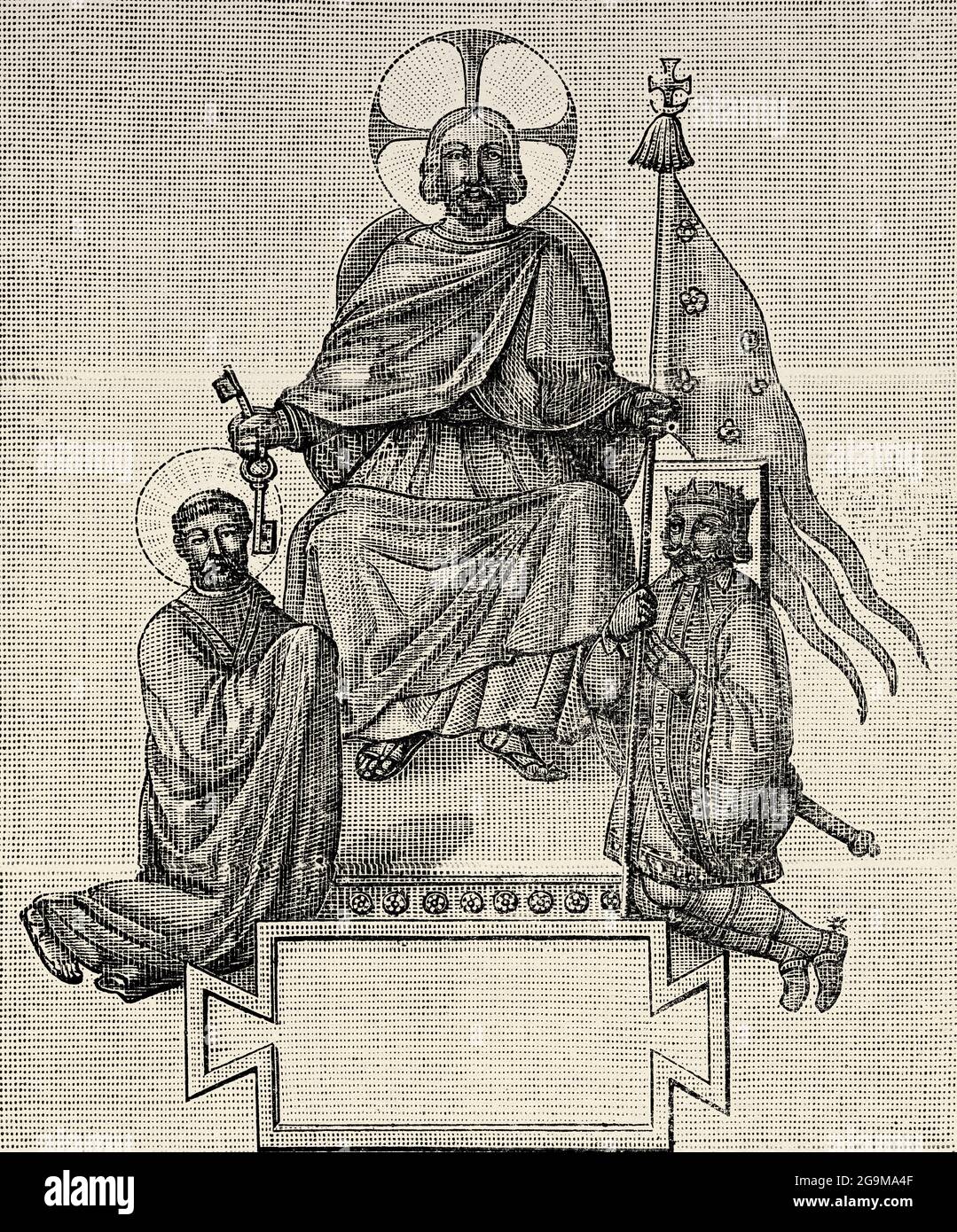 Jésus Christ donne à Saint Pierre les clés et Charlemagne la bannière. Ancienne illustration gravée du XIXe siècle de Jésus-Christ par Veuillot 1881 Banque D'Images