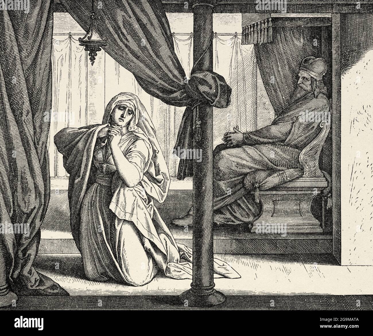 Naissance de Samuel. Prière d'Ana. Ana s'est relevée après avoir mangé et bu à Silo, et pendant que le sacrificateur Eli était assis dans la chaise près de la porte du temple de l'Éternel, elle, très affligée, a prié l'Éternel et pleura amèrement. Samuel Livre. Histoire biblique sacrée ancien Testament. Ancienne gravure du livre Historia Sagrada 1920 Juan Lagui Lliteras Banque D'Images