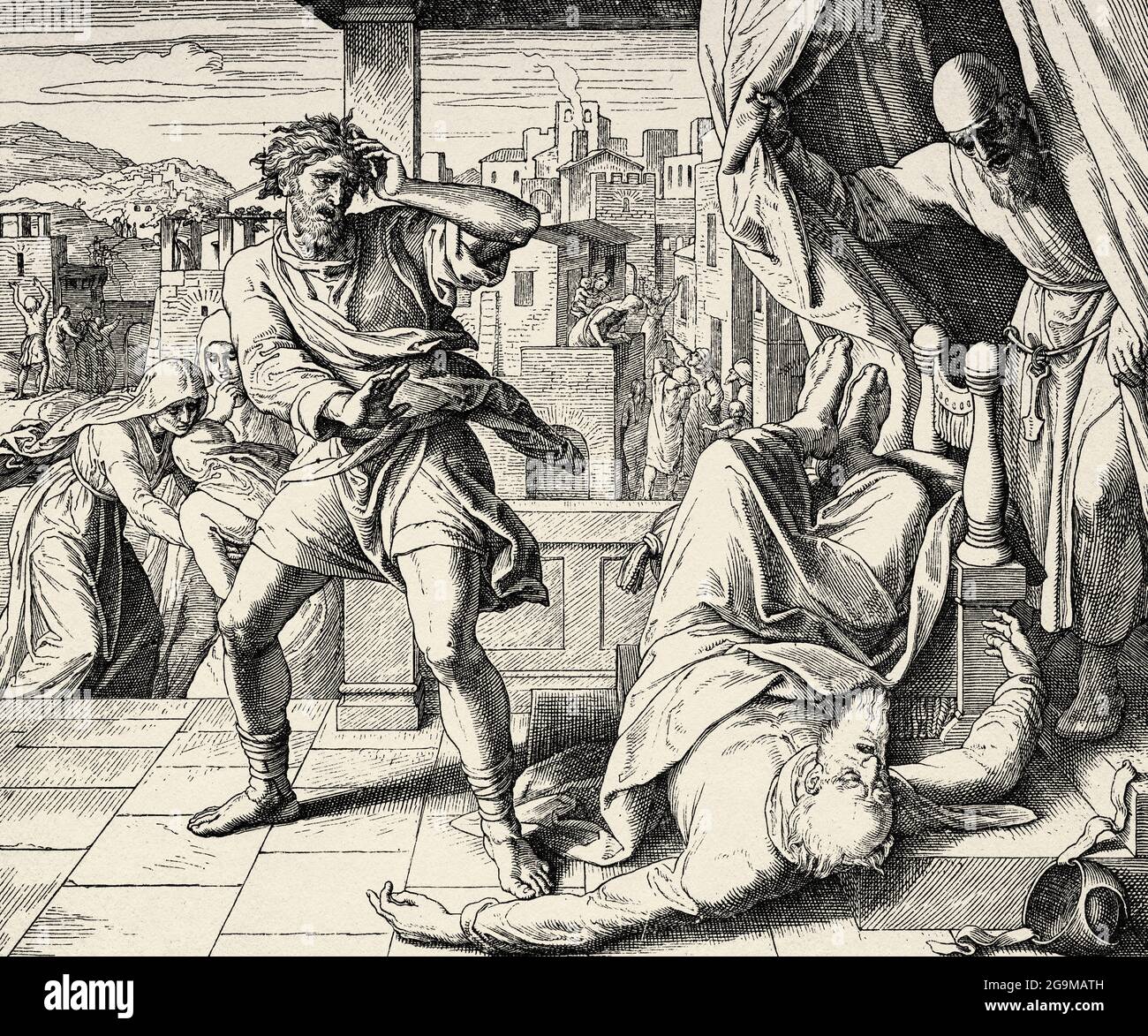 Eli est mort. Livre Samuel. Histoire biblique sacrée ancien Testament. Ancienne gravure du livre Historia Sagrada 1920 Juan Lagui Literas Banque D'Images